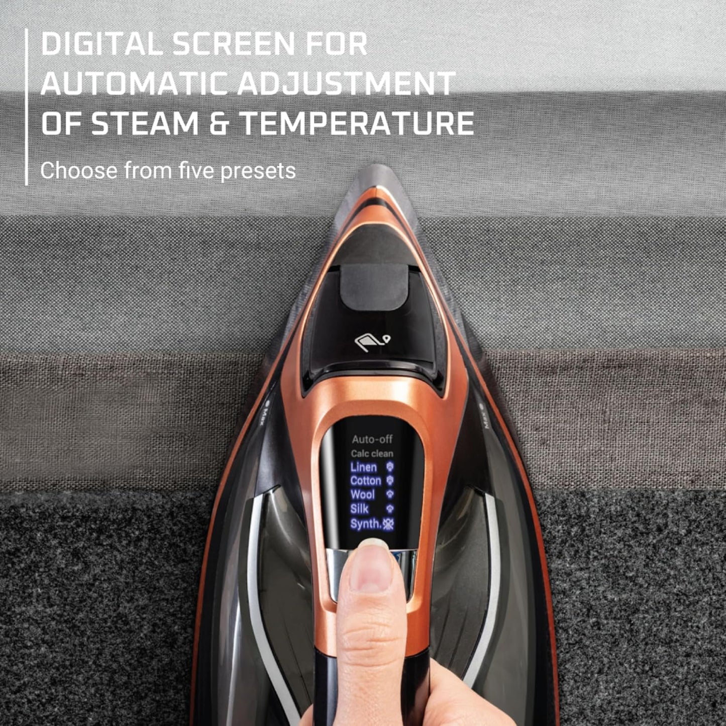 Rowenta Iron Steam Force Pro Steam Iron for Clothes, 1850 Watts, 5 Presets Smart Screen, Stainless Steel Soleplate, High-Efficiency Handheld Ironing, Black Copper, DW9580