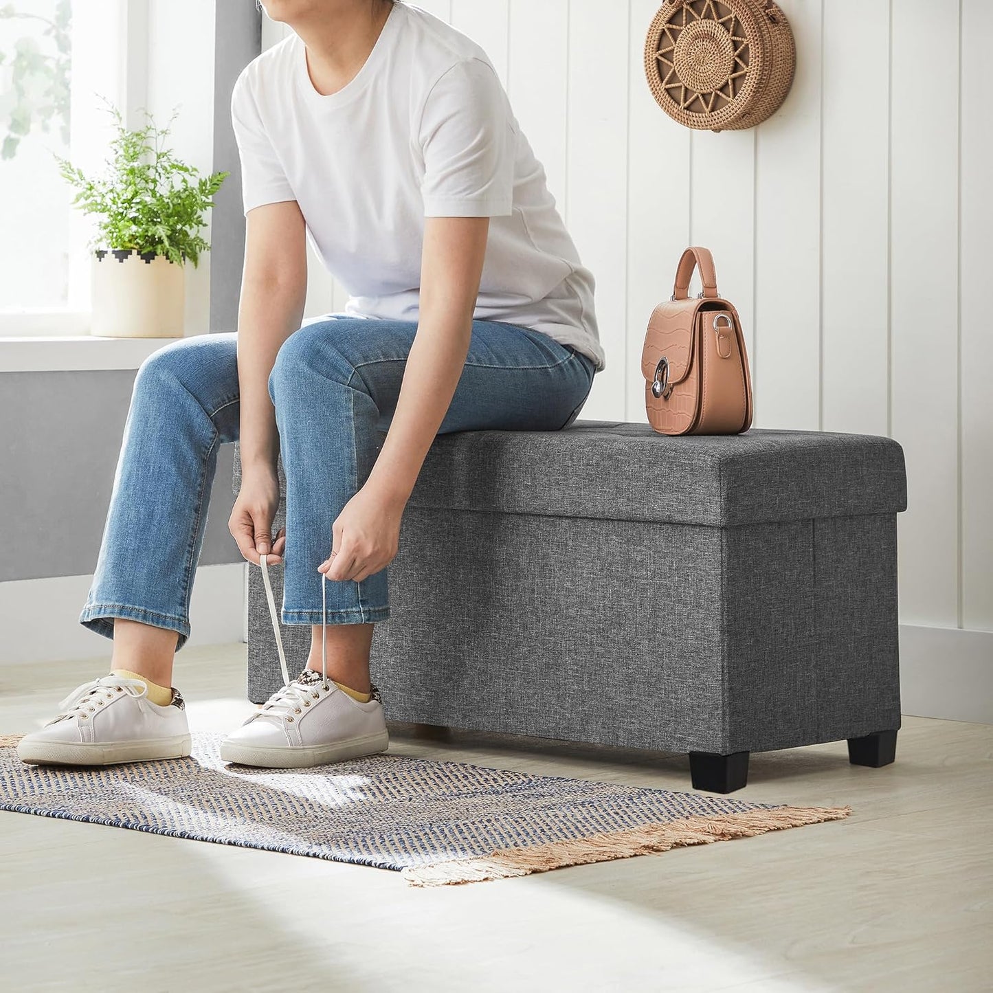 SONGMICS Storage Ottoman Bench, Foldable Foot Rest with Legs, 15 x 30 x 15.2 Inches, End of Bed Bench, Storage Chest, Load up to 660 lb, for Living Room, Bedroom, Entryway, Slate Gray ULSF16GYZ