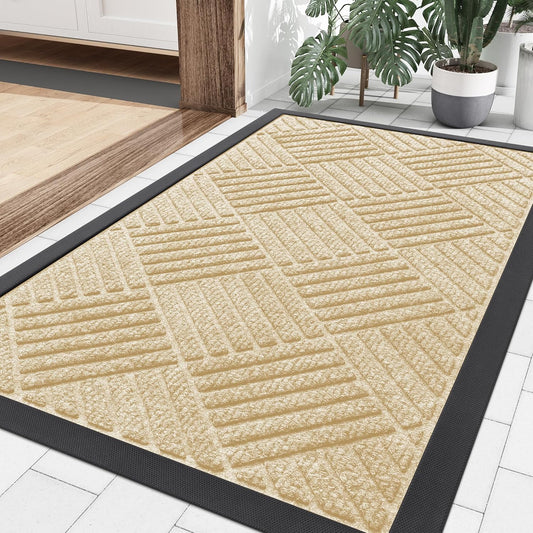 Smiry Front Door Mat Outside Entrance, Heavy Duty Outdoor Indoor Natural Rubber Doormat, Non Slip, Trap Dirt and Moisture, Easy Clean, Low Profile Patio Porch Entryway Mat, 29.5x17, Beige