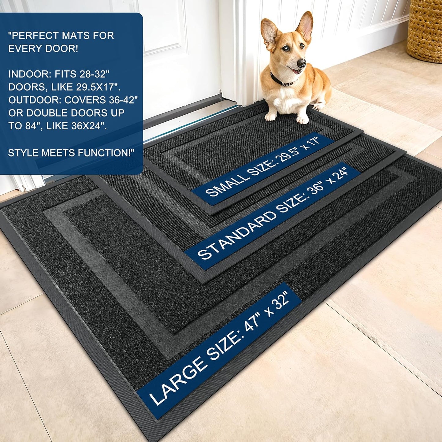 OLANLY Front Door Mat Indoor Outdoor Entrance, Waterproof All-Season, All-Weather Doormat, Sturdy Natural Rubber, Fade Resistant, Low Profile, Easy Clean Patio Porch Entryway Mat, 71x47, Black