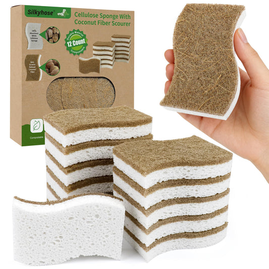 Silkyhose 12 Pack Natural Kitchen Sponges, Cellulose Coconut & Non-Scratch