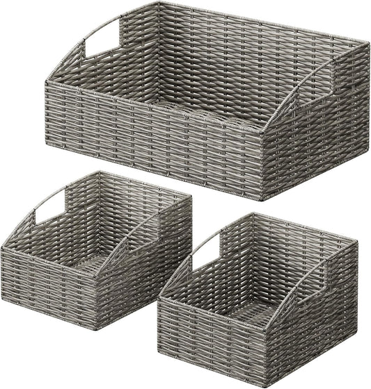 Ollieroo Rattan Storage Baskets, Handwoven Wicker Storage Bins with Built-in Handles, Storage Container Baskets for Shelves, Bedroom, Bathroom, Laundry Room or Kitchen(Grey)