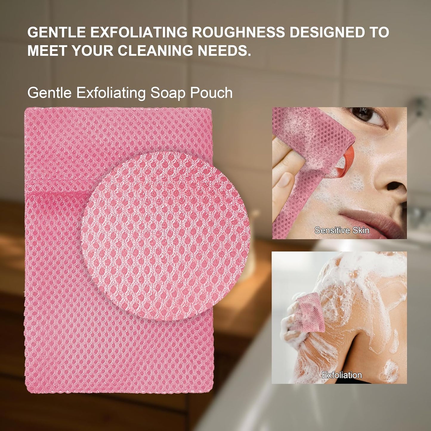 2 Pack Soap Bag Gentle Roughness,Bar Soap Pouch Saver Pocket,Body Scrubber Shower Sponge Loofah,Exfoliating Bath Sponge (Pink)