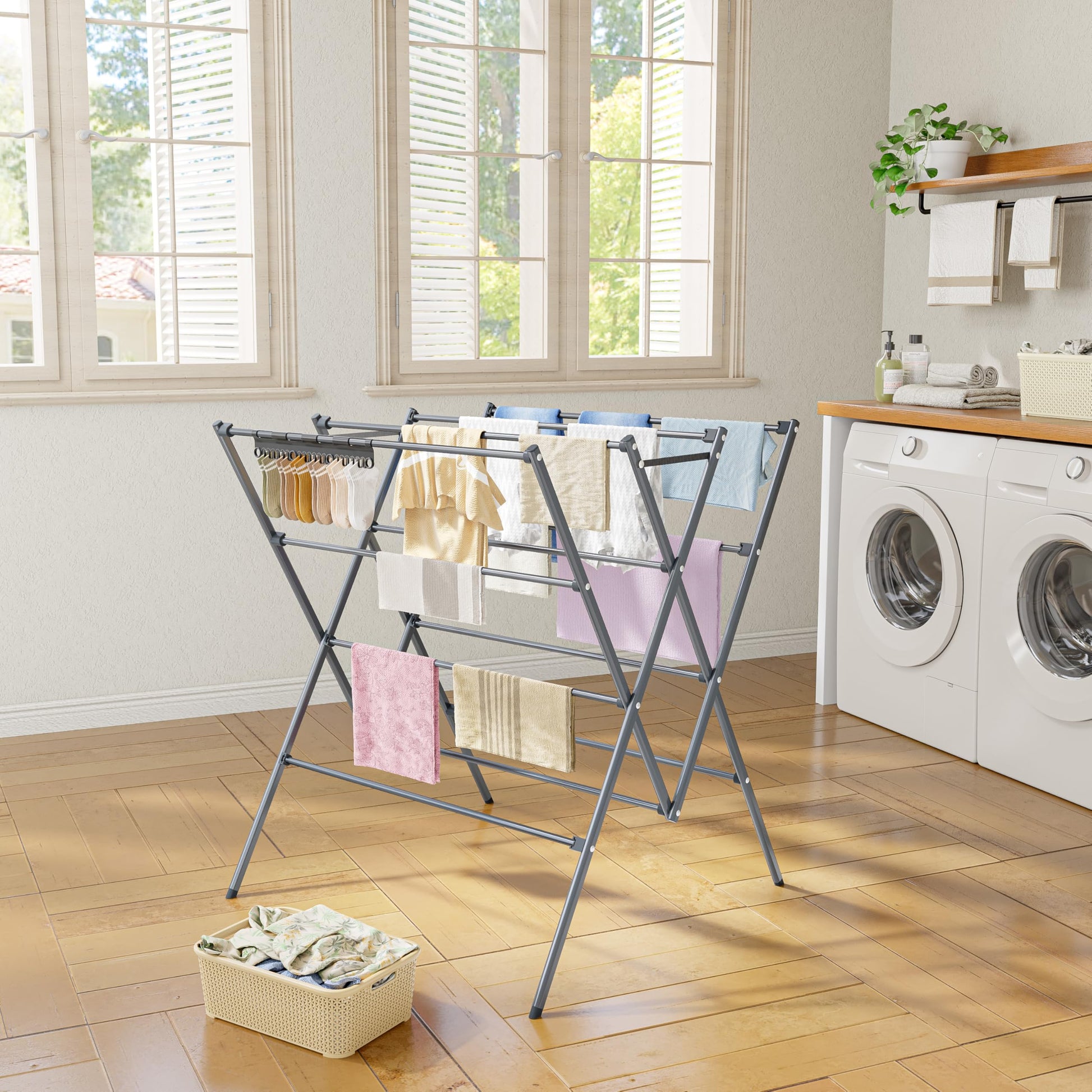 Drying Rack Clothing,12 Drying Poles with Sock Clips Clothes Drying Rack