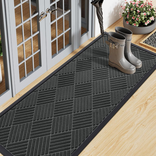 Smiry Front Door Mat Outside Entrance, Heavy Duty Outdoor Indoor Natural Rubber Doormat, Non Slip, Trap Dirt and Moisture, Easy Clean, Low Profile Patio Porch Entryway Mat, 47x17, Black