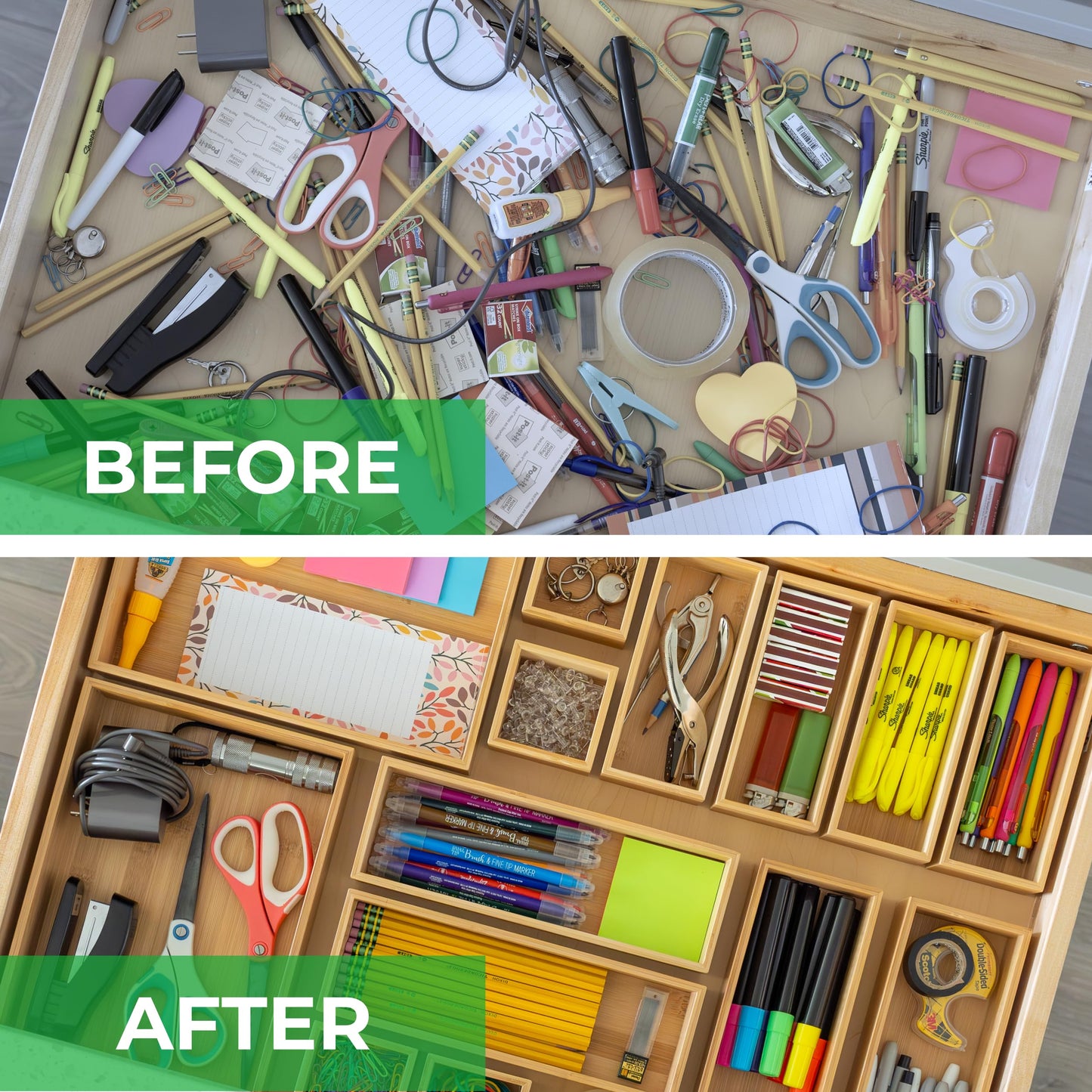 Grow Forward Bamboo Drawer Organizer Boxes - Set of 14 Wooden Drawer Organizers for Kitchen