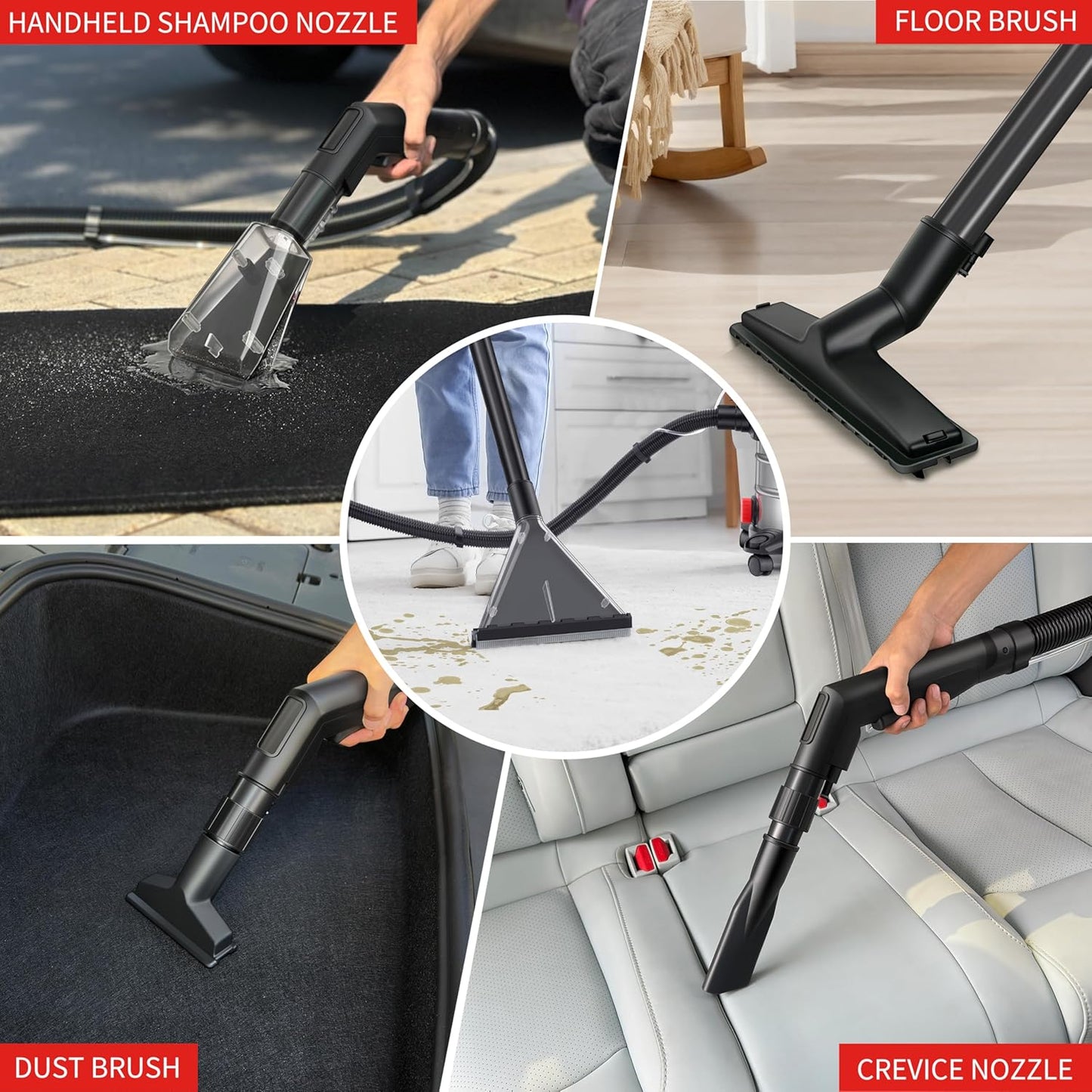 Shop Vacuum Wet and Dry, 6 Gallon, 5.5 Peak HP Power Suction, 3 in 1 Stainless Steel Shop Vac with 4.5L Upholstery Shampoo Tank, Water Vacuum Cleaner Carpet Extractor (Red)