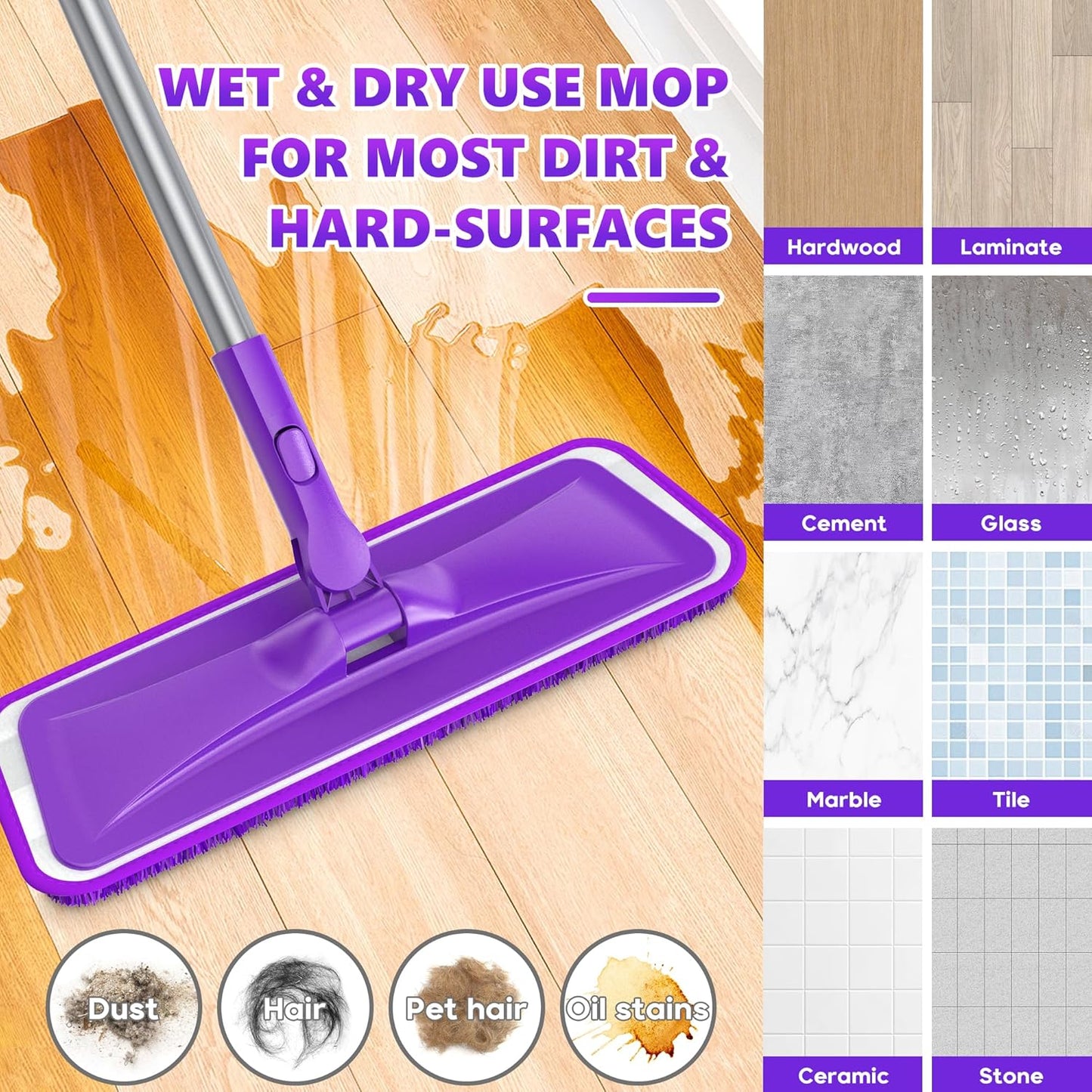 Microfiber Mops for Floor Cleaning - BPAWA Flat Floor Mop with 4 Reusable Washable Pads fit for Swiffer Powermop Kitchen Wet Dry Dust Mop for Hardwood Laminate Wood Tile Ceramic Vinyl Wall Floors