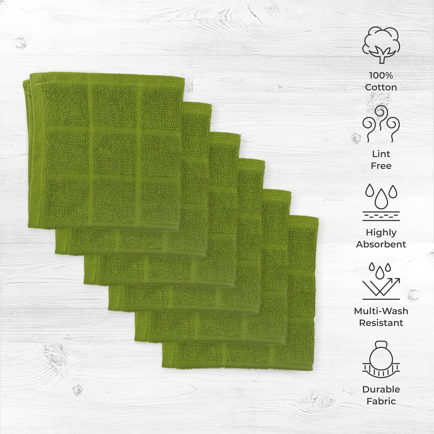 100% Cotton Terry Dish Cloth & Dish Towel, 6 Pack, Super Soft and Absorbent Kitchen Towels, Perfect for Kitchen Cleaning and Dish Washing (Green 6 Pack)