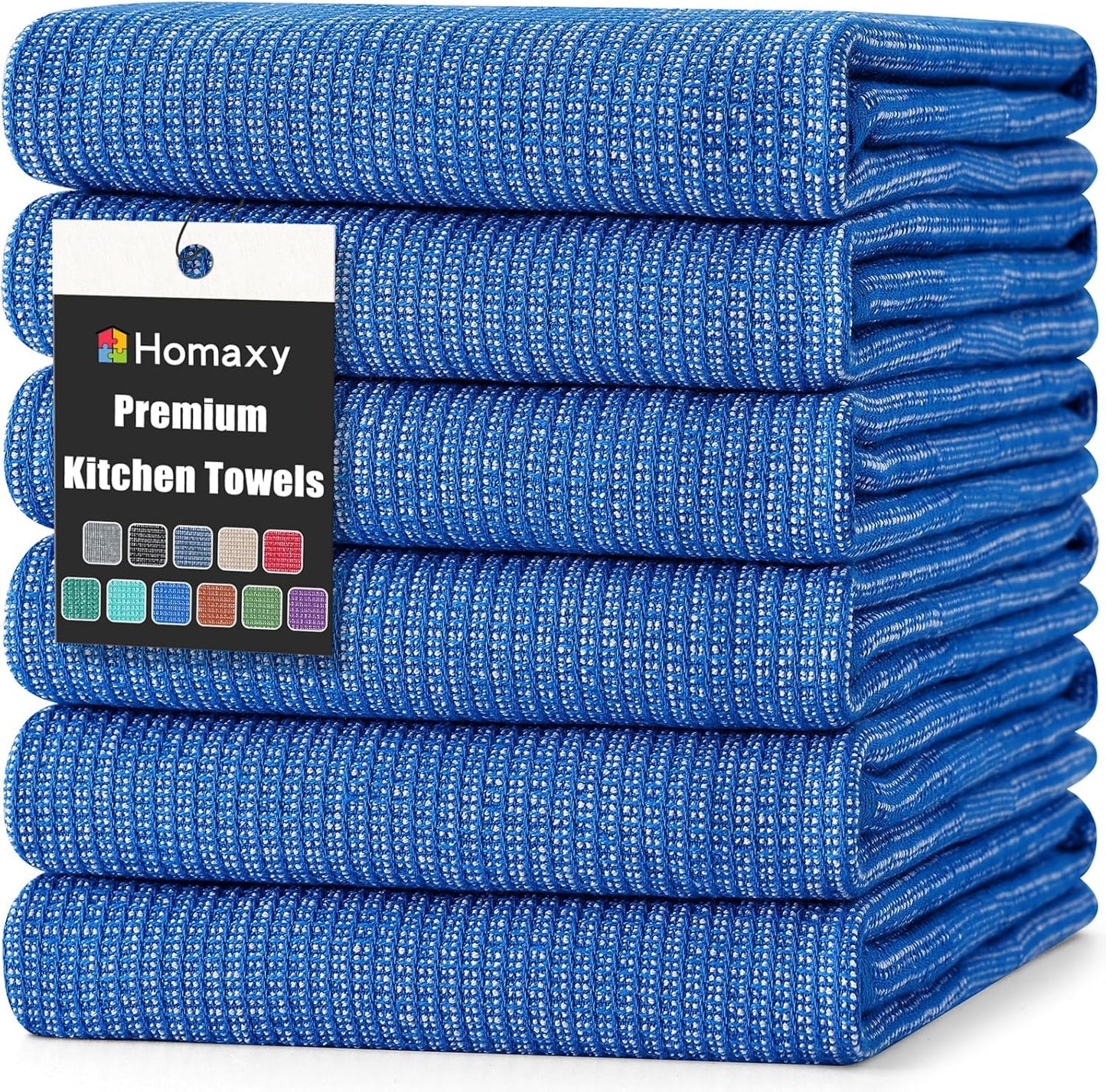 Homaxy Premium Kitchen Towels(18”x 28”, 6 Pack), Large Cotton Kitchen Hand Towels, Flat and Terry Dish Towels, 380 GSM Highly Absorbent Tea Towel Set with Hanging Loop, Blueberry