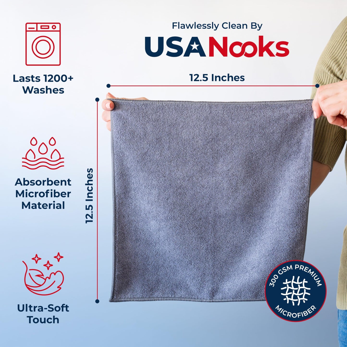 USANOOKS Microfiber Cleaning Cloth Grey - 12 Pcs (12.5"x12.5") - High Performance - 1200 Washes