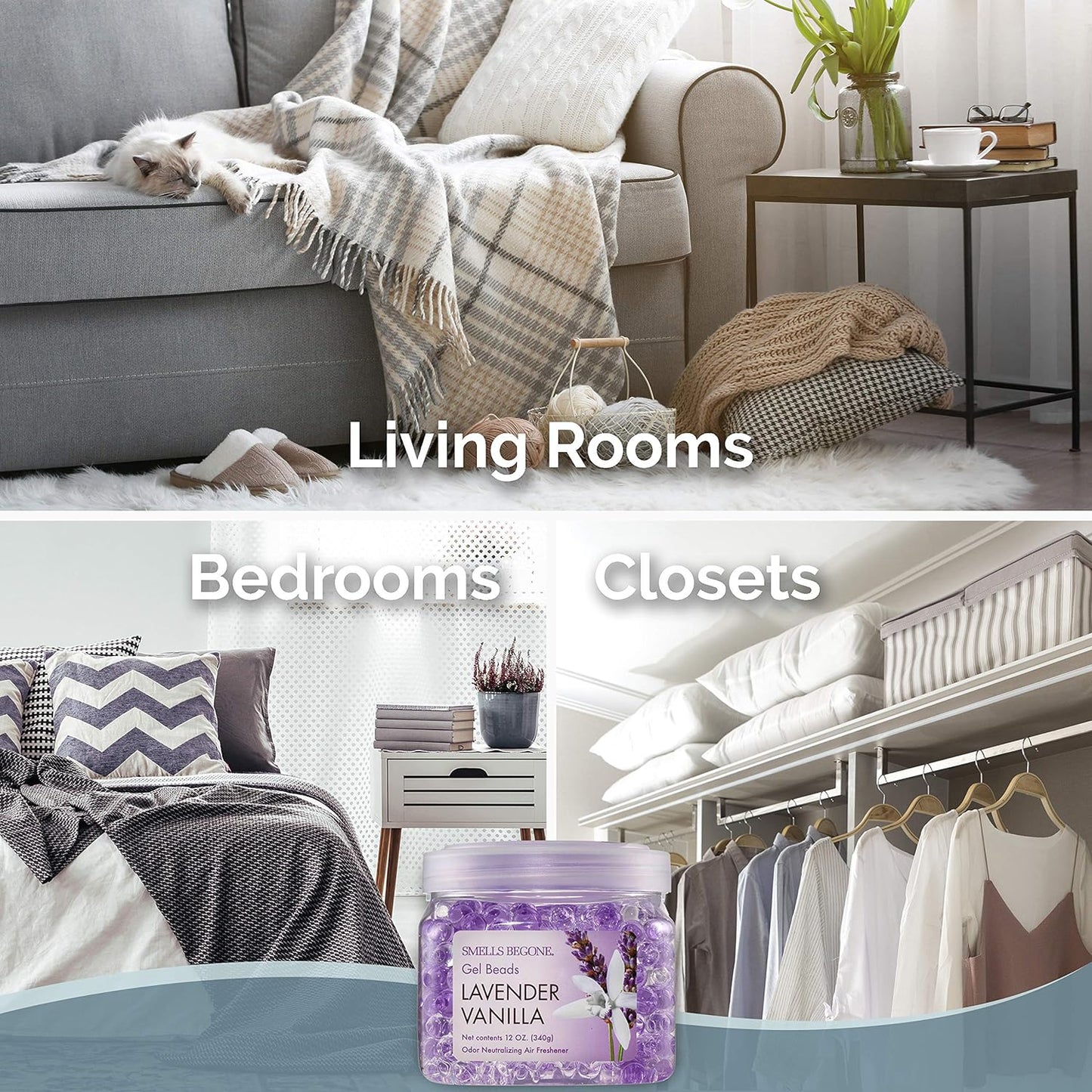 SMELLS BEGONE Odor Eliminator Gel Bead Value Pack - 72 oz - Air Freshener - Eliminates Odors in Bathrooms, Pet Areas, Boats, RVs & Cars - Made with Essential Oils - Lavender Vanilla Scent