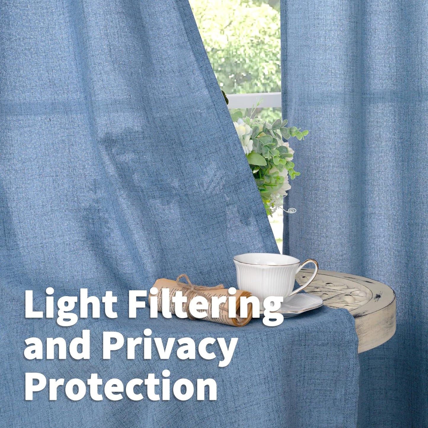 YoungsTex Denim Blue Short Linen Curtains 45 Inches Length for Kitchen, Light Filtering Semi Sheer Drapes with Rod Pocket Back Tab for Bedroom Cafe Small Window Privacy, 42 x 45 Inch, 2 Panels