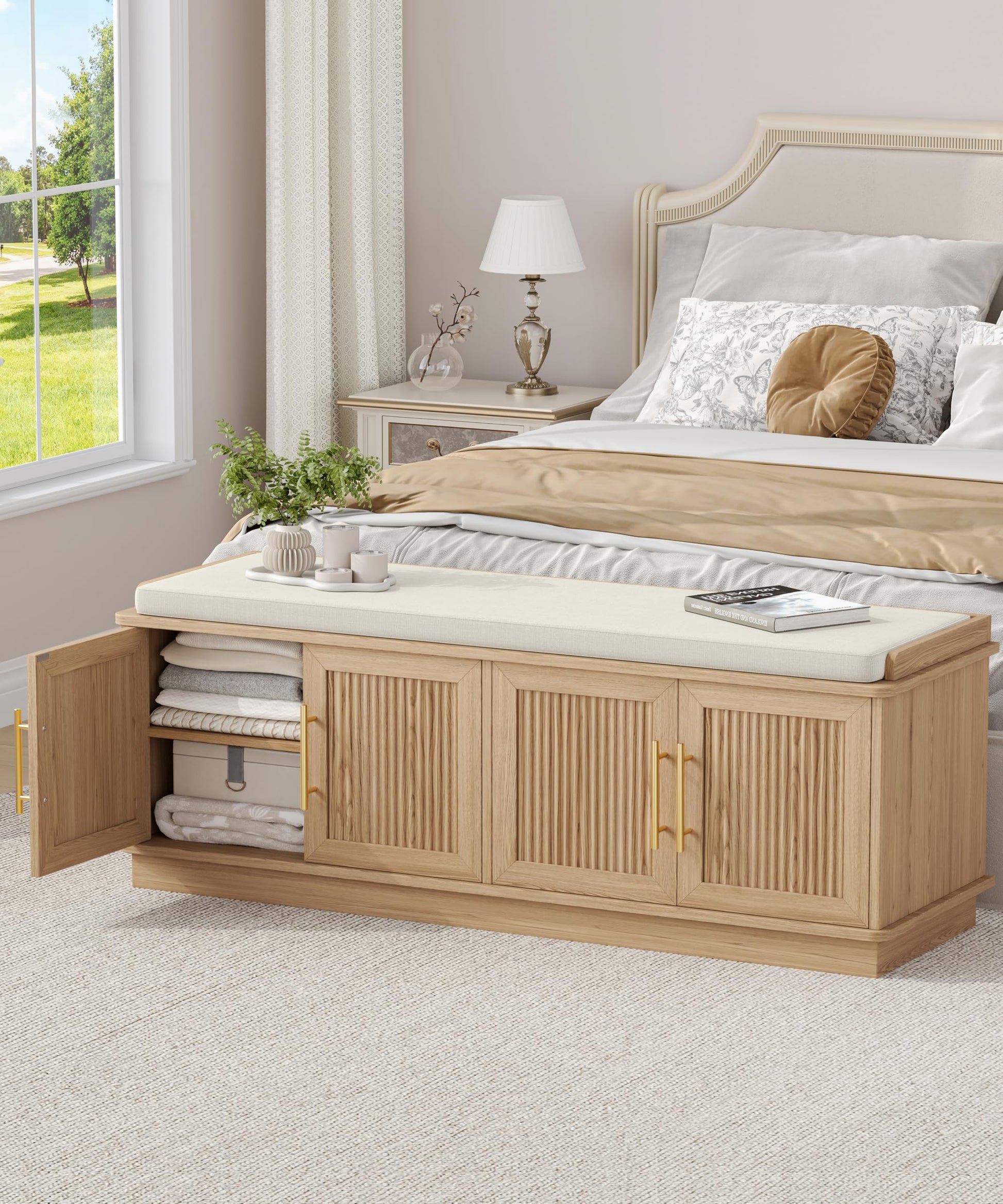 Akxomel 47.2" Fluted Shoe Storage Bench 4 Doors Wooden Entryway Bench Oak