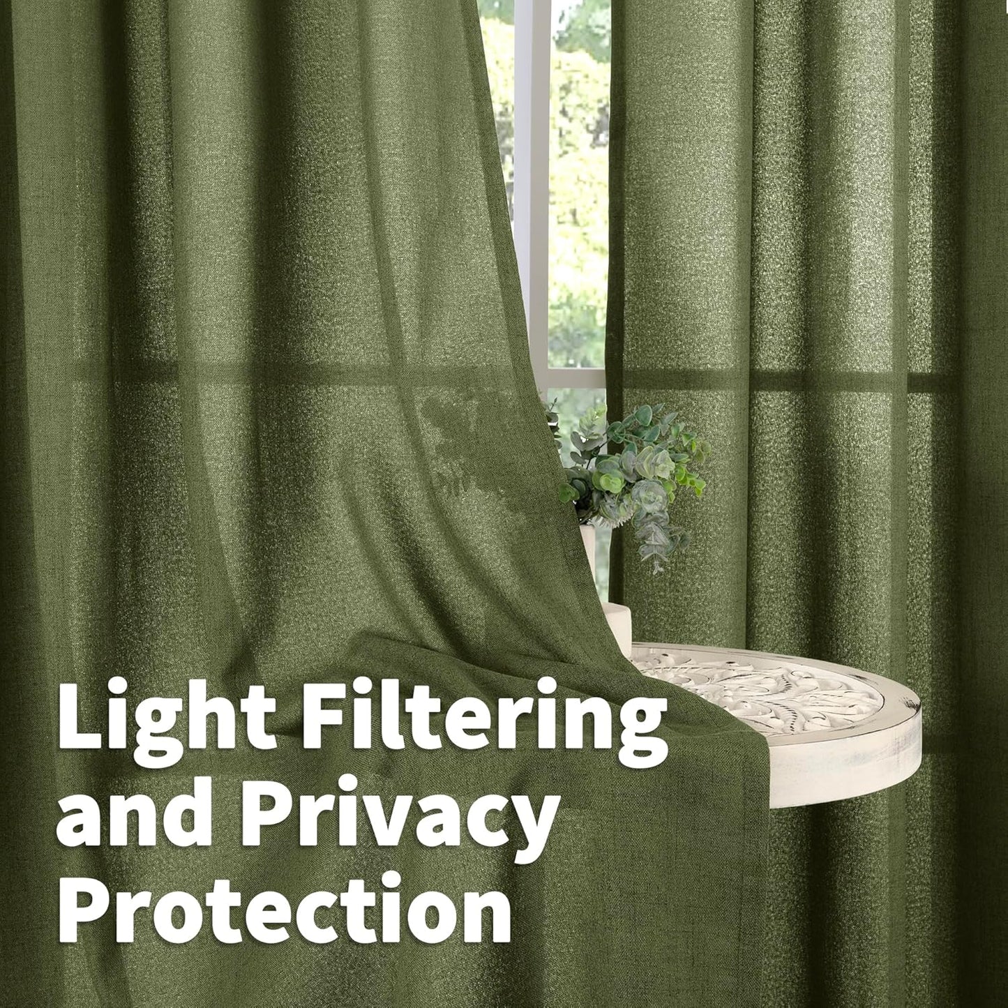 YoungsTex Olive Green Linen Semi Sheer Curtains 72 Inch Length for Living Room, Light Filtering Drape Rod Pocket Back Tab Window Treatment for Bedroom Dining, 2 Panels, 52 X 72 Inch