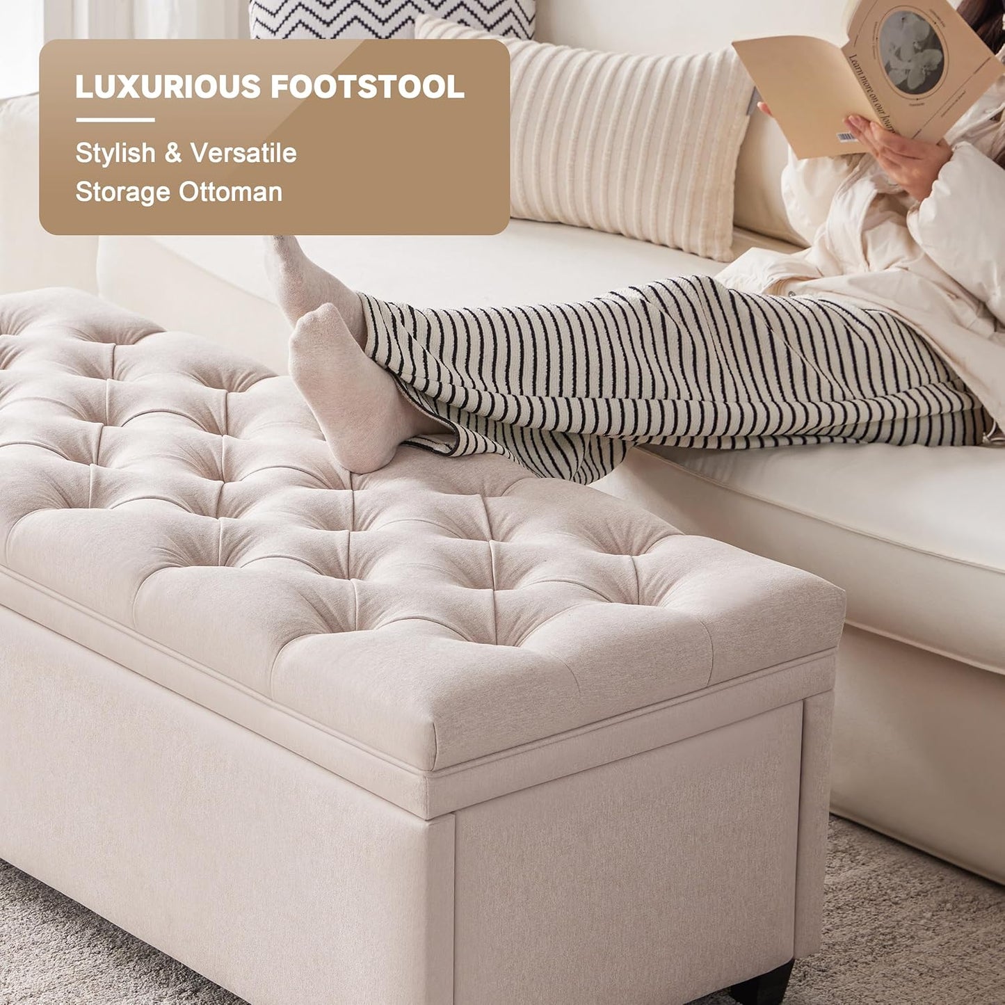 50" Storage Ottoman Bench, Tufted Ottoman with Storage for Living Room, Large End of Bed Ottomans, Modern Entryway Benchs, Window & Bedroom Benches for Foot of Bed (Beige)