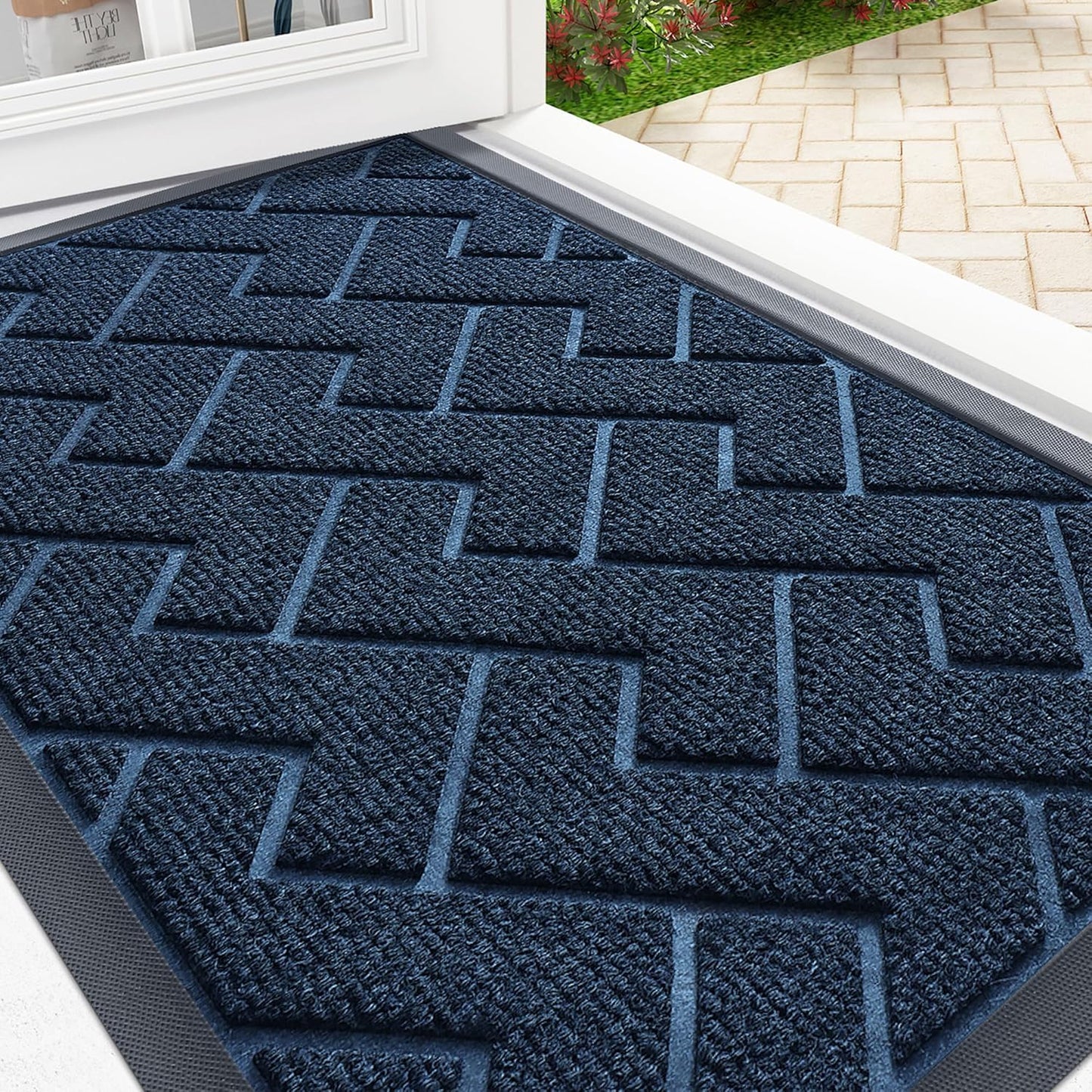 OLANLY Front Door Mat Indoor Outdoor Entrance, Waterproof All-Season, All-Weather Doormat, Sturdy Natural Rubber, Low Profile, Easy Clean Patio Porch Entryway Mat, Herringbone Brick (Blue, 47x23)