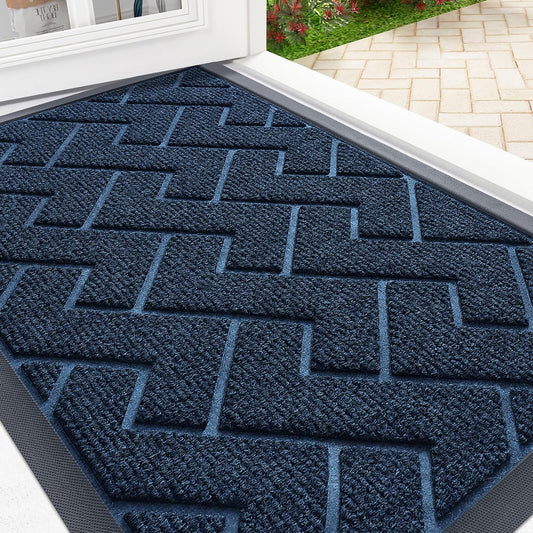 OLANLY Front Door Mat Indoor Outdoor Entrance, Waterproof All-Season, All-Weather Doormat, Sturdy Natural Rubber, Low Profile, Easy Clean Patio Porch Entryway Mat, Herringbone Brick (Blue, 29.5x17)
