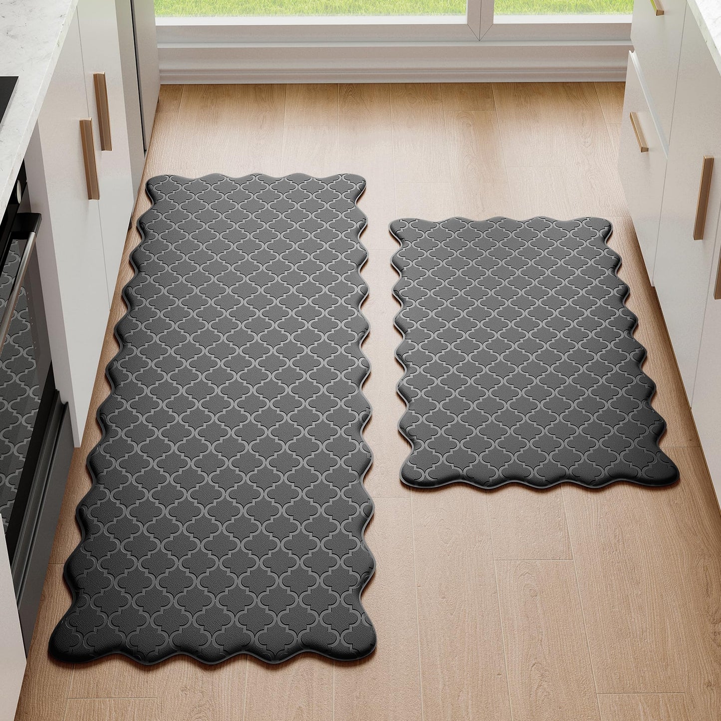 Arenarug Upgrade Scalloped Kitchen Mats for Floor 2PC, Black Kitchen Rugs