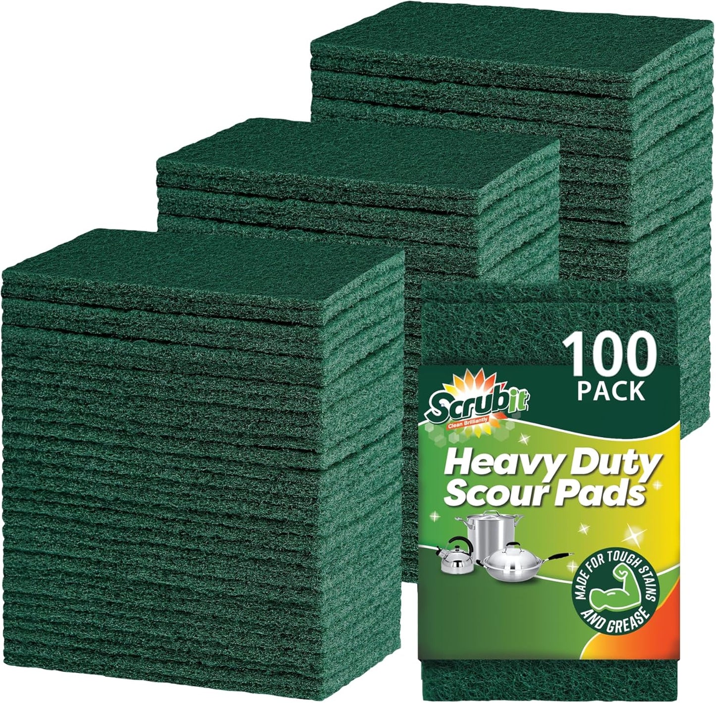 SCRUBIT Scouring Pad - Heavy Duty Scrub Pads for Cleaning Dishes - Non-Scratch Reusable Scrubbing - Green (100)