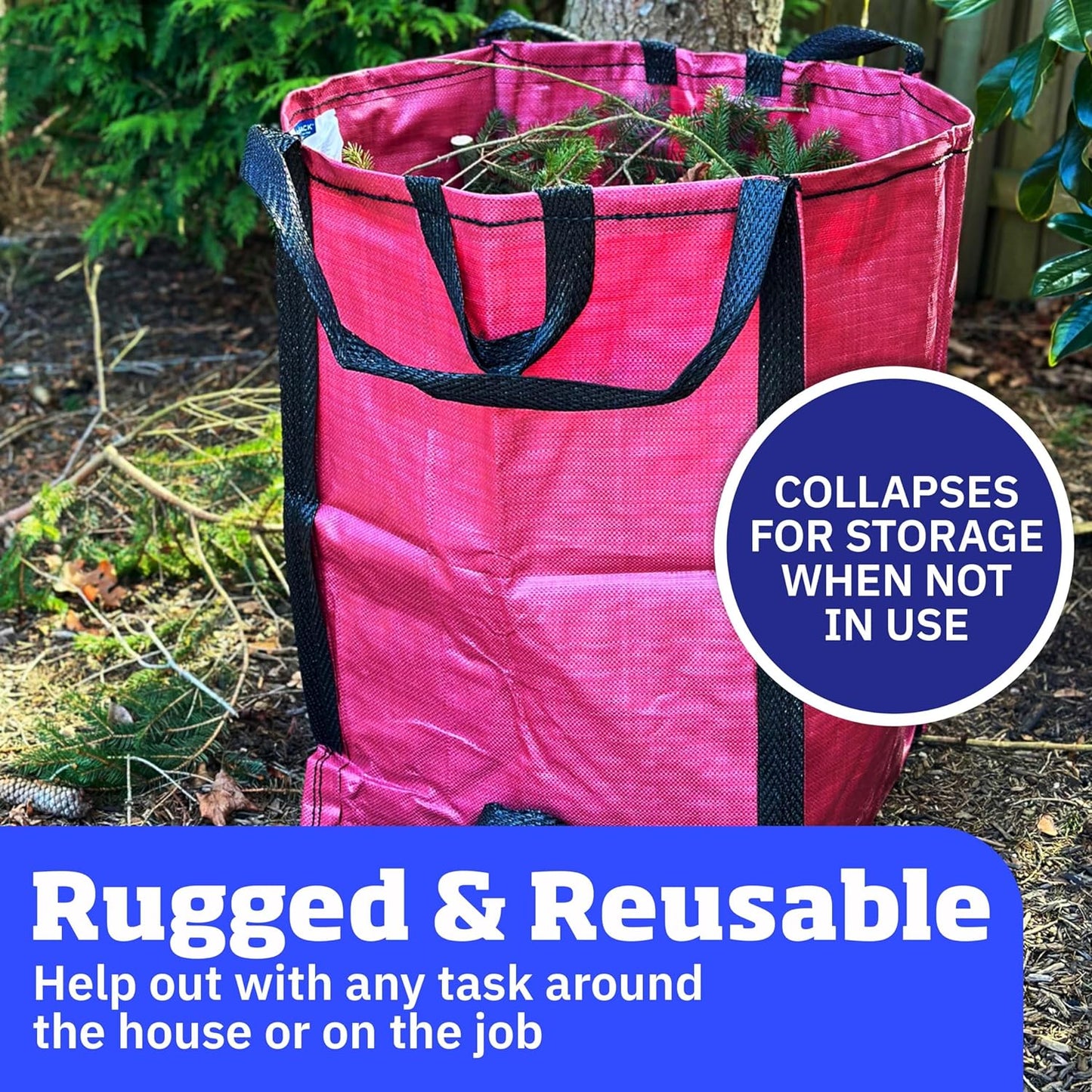 DURASACK Heavy Duty Home and Yard Bags 48-Gallon Reusable Self-Standing Lawn and Leaf Bags Garbage Can with Reinforced Handles, Red, 3 Pack