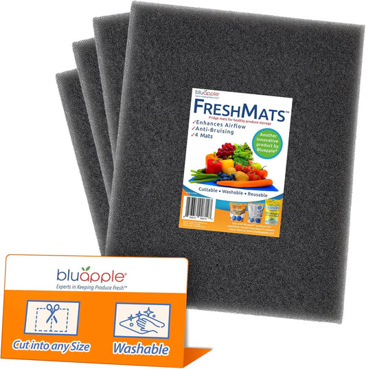 Bluapple FreshMats, Refrigerator Bin Liner, Fridge Drawer Mats, Crisper Life Extender Liner Keeps Produce Fresh Longer, Anti-Bruising, Helps Air Circulation, Washable & Reusable (4-Mats, 12x15, Gray)