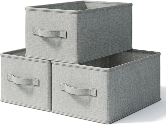 3 Pack Fabric Storage Bins for Shelves | 16.25x12x10in Closet Storage Baskets | Collapsible Storage Bins |Fabric Closet Organizers with Handles | Light Gray