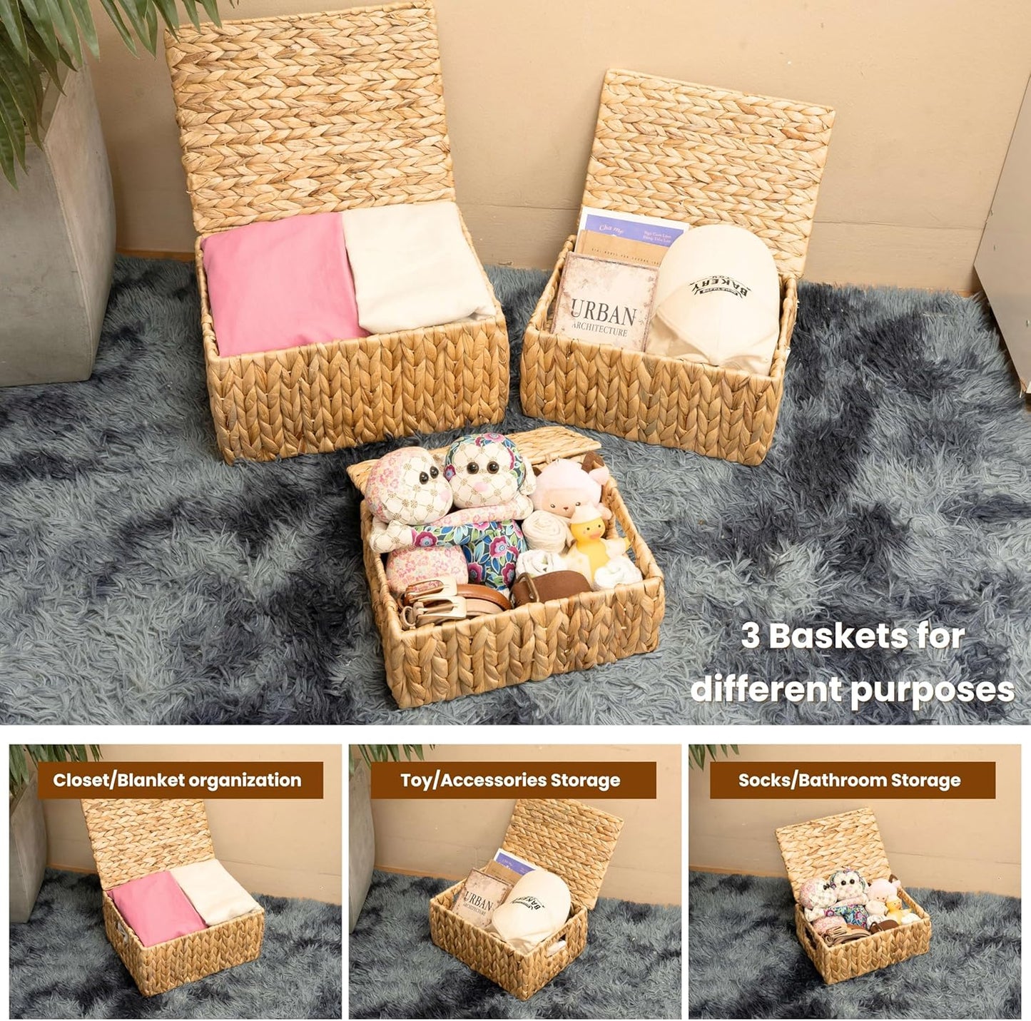 Wicker Storage Baskets with Lid, Set 3 Basket With Lid Decorative Storage Rectangle Wicker Storage Basket Large Rattan Storage Box Hyacinth Baskets