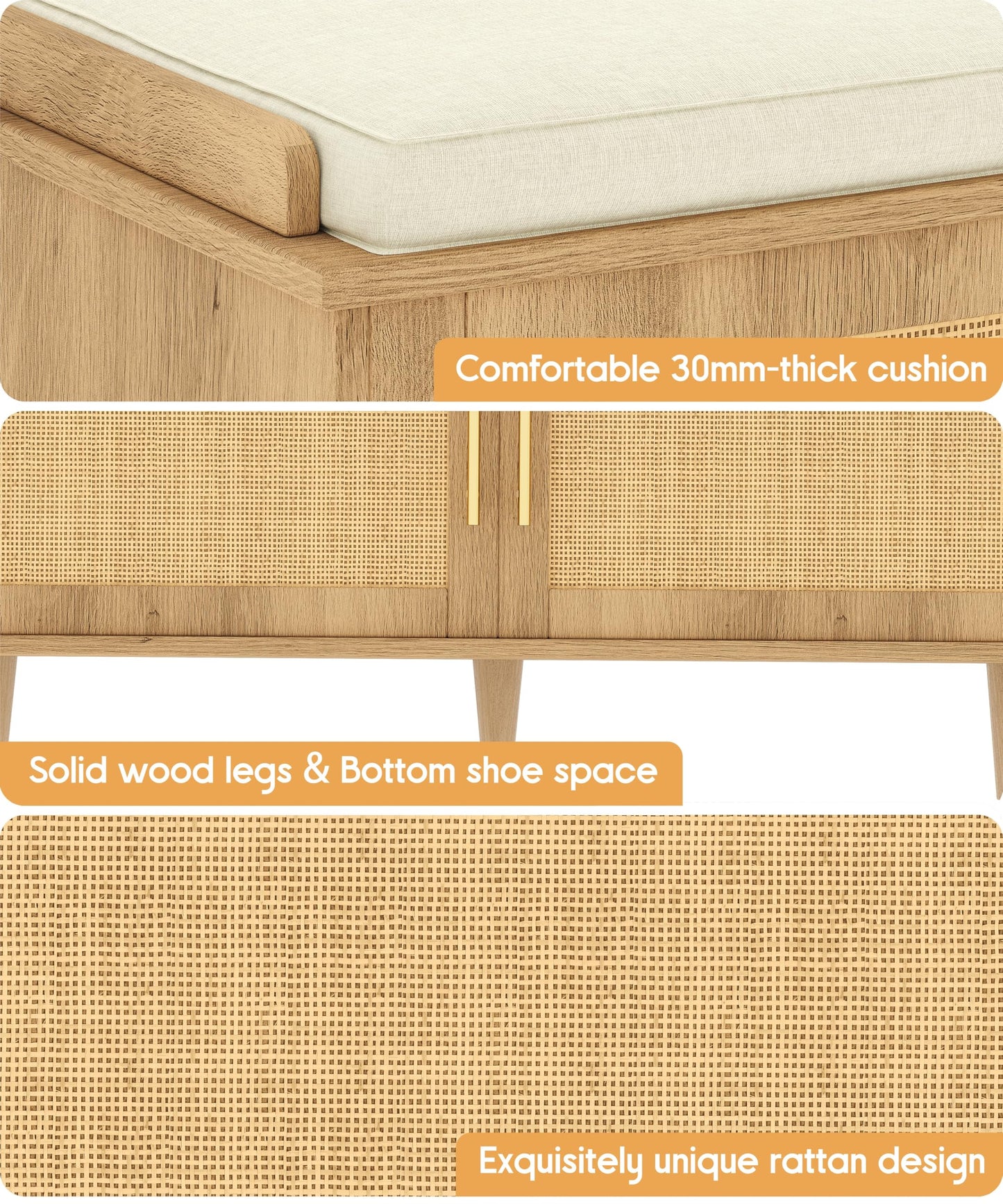 Akxomel 39.4" Rattan Shoe Storage Bench 2 Doors Wooden Entryway Bench Oak