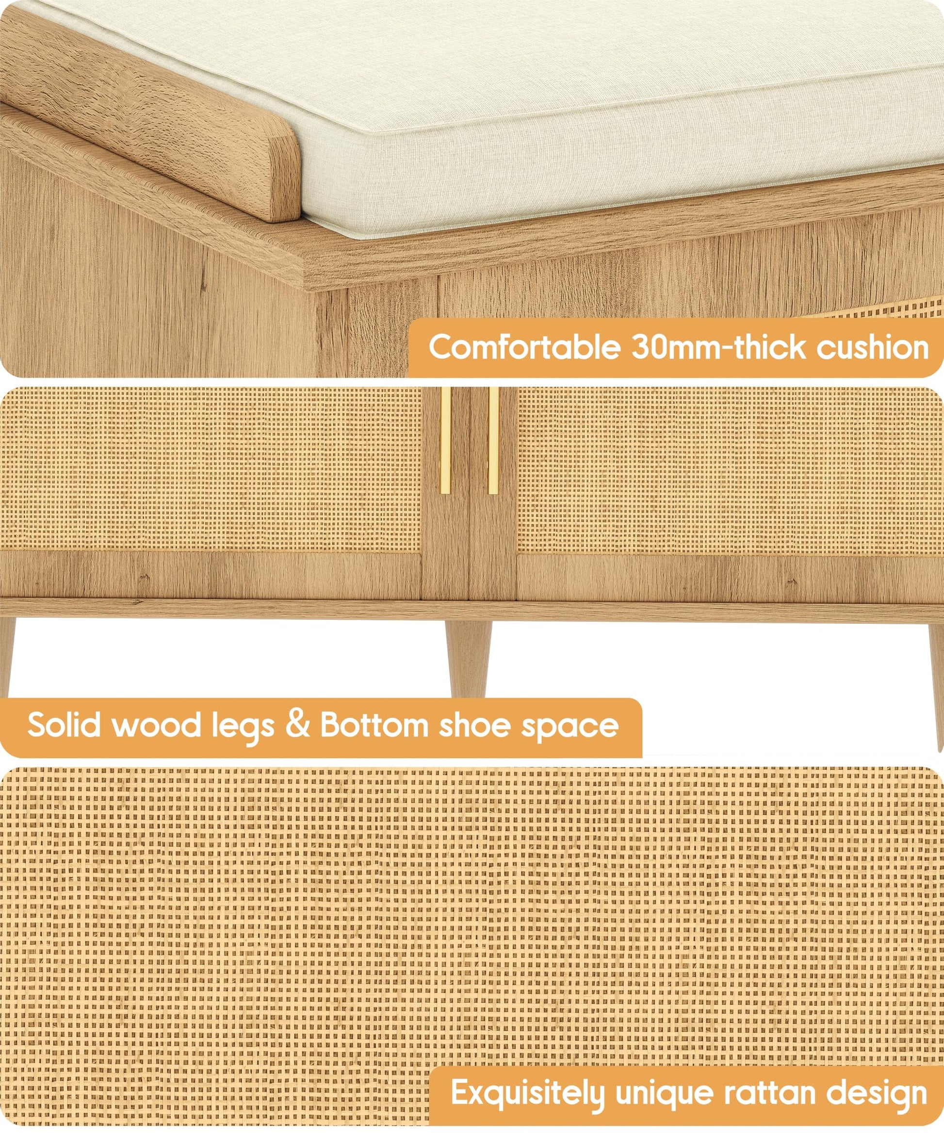 Akxomel 39.4" Rattan Shoe Storage Bench 2 Doors Wooden Entryway Bench Oak