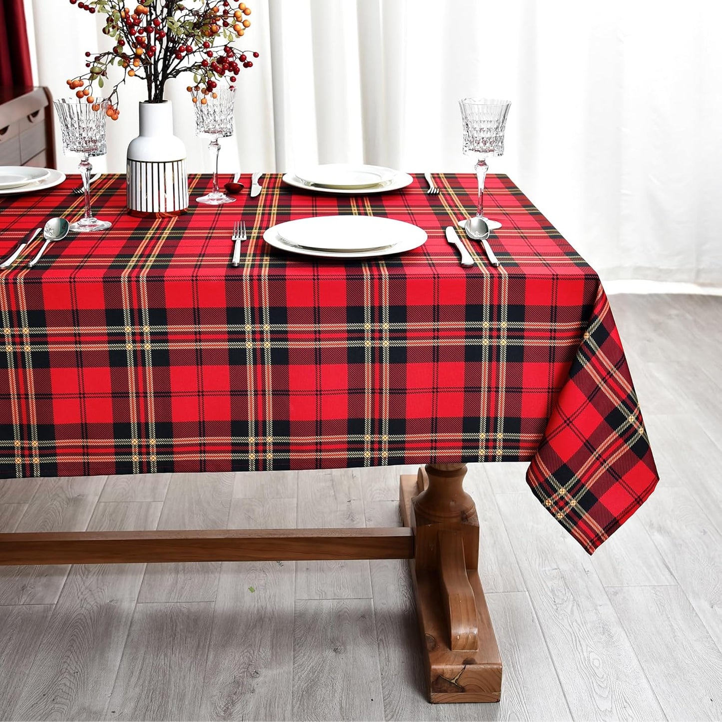 Classic Gingham Buffalo Xmas Tablecloth Fabric - Oblong 58x144 Inch Water Proof Checkered Table Cloth for Indoor Outdoor - Red Christmas Plaid Table Cover for Christmas, Holiday, New Year