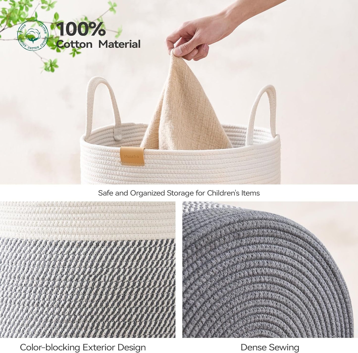 Laundry Hamper 62L,Large Laundry Basket for Clothes,Decorative Storage Basket for Blankets,Cotton Rope Woven basket for bedroom,Grey White