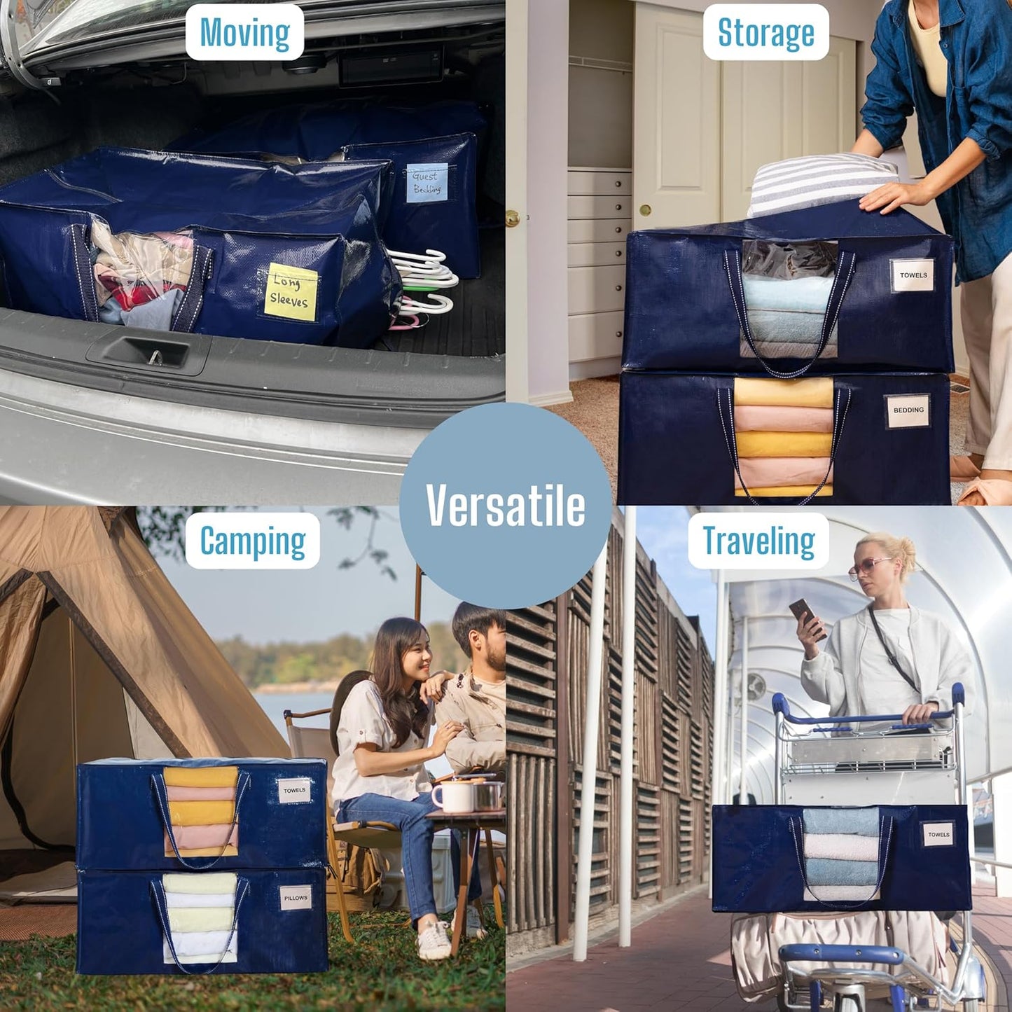 VENO 6 Pack Moving Bags Extra Large Storage Bags for College Move-In, Heavy-Duty Storage Totes, Packing Boxes, and Wardrobe Moving Supplies - Durable Laundry Bags for Clothes (Blue w/Window, 6 Pack)