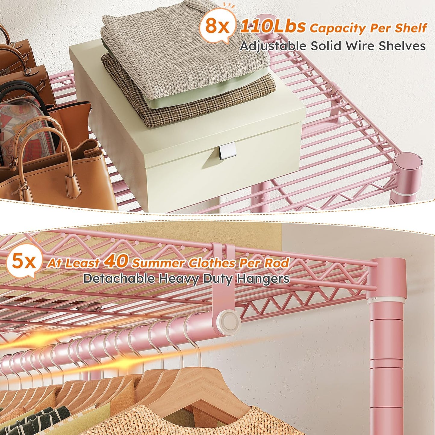 Raybee Clothes Rack,Clothing Racks for Hanging Clothes Heavy Duty,Adjustable Garment Rack with Shelves,Rolling Clothes Rack Max Load 905LBS,75" W x 77" H x 17.8" D Pink