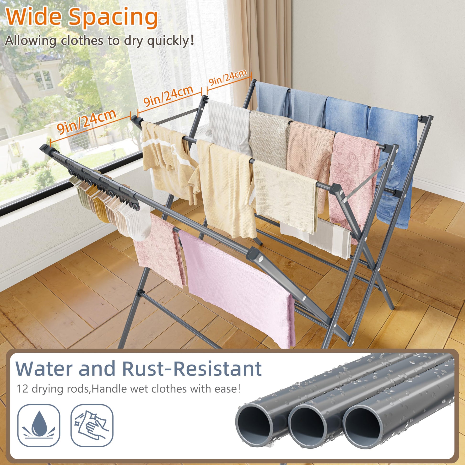 Drying Rack Clothing,12 Drying Poles with Sock Clips Clothes Drying Rack