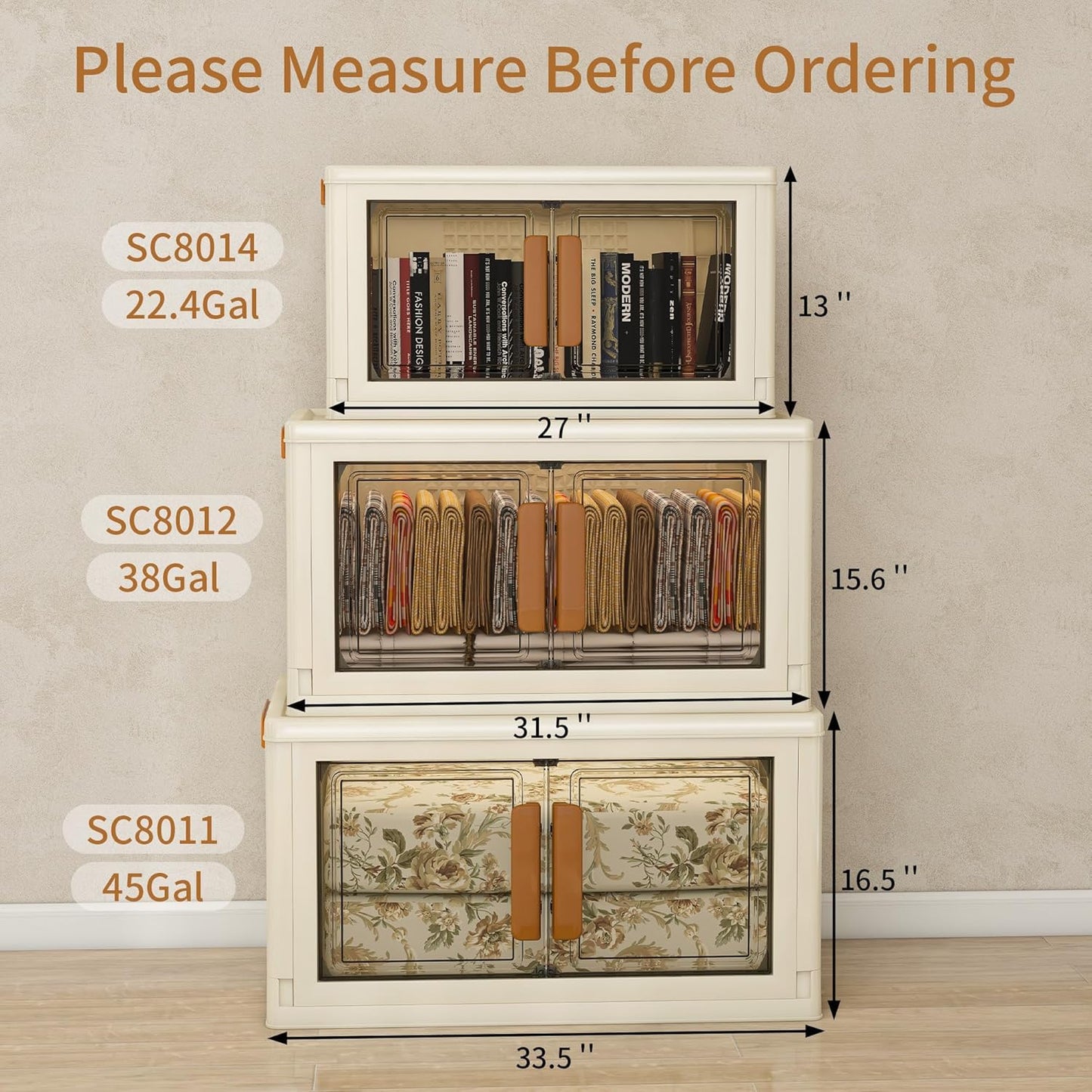 Plastic Stackable Storage Bins with Lids and Wheels, Foldable Closet Organizers and Storage Containers for Bathroom, Collapsible Clear Drawer Storage Cabinet with Doors White 38Gal 3Tiers