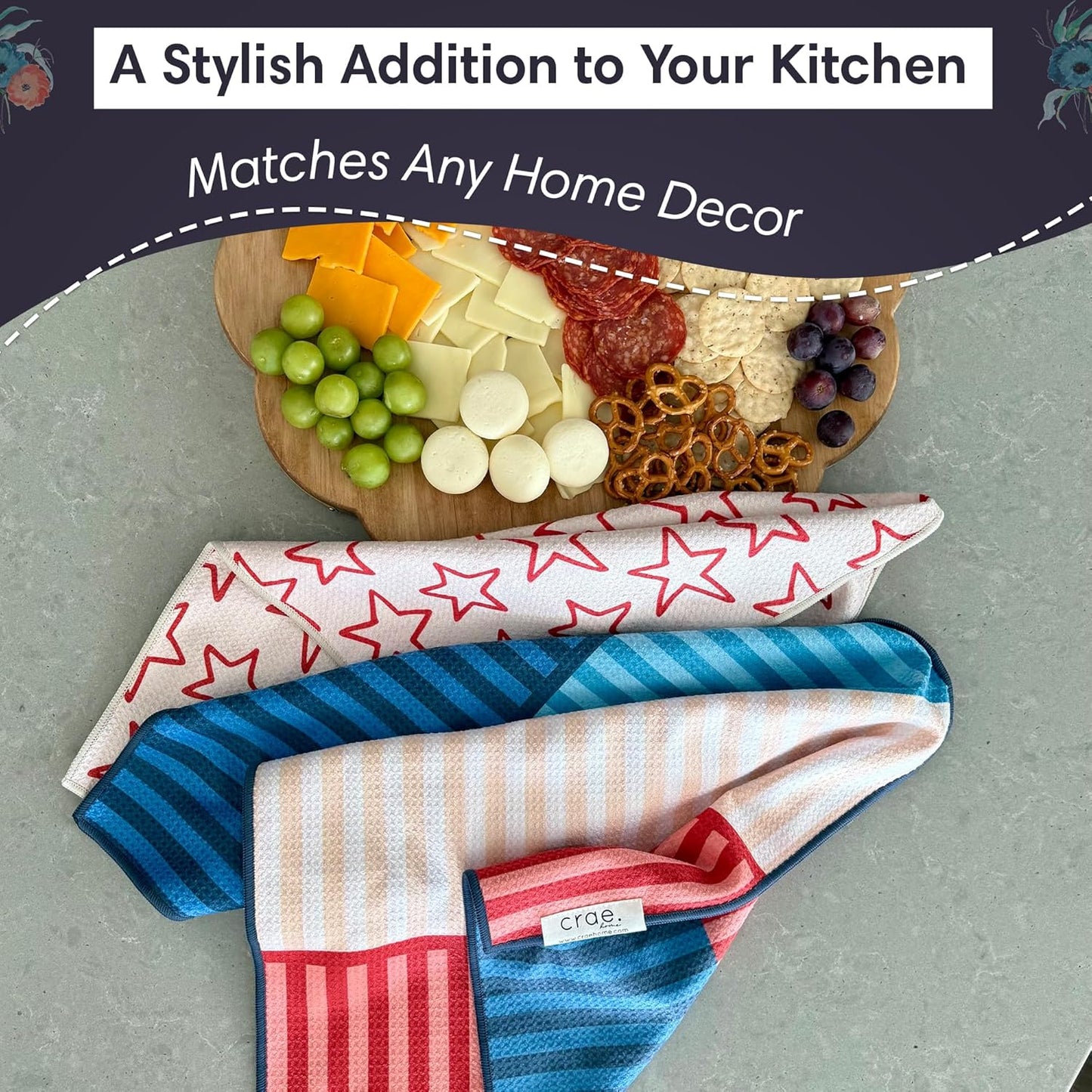 Microfiber Hand Towel & Washcloth Set of 2 - Double-Sided, Waffle Weave, Super Absorbent, Lint-Free, Fast Drying - Stars & Stripes Pattern for Bathroom, Kitchen, Car, and Window Cleaning