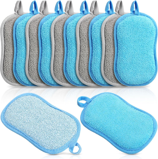 Boao 10 Pieces Multipurpose Kitchen Scrub Sponges, Non-Scratch Microfiber Scrub Sponges for Kitchen Reusable Scouring Pads Sponge Scrubber for Household Cleaning Dishes and Pots(Blue, Gray)