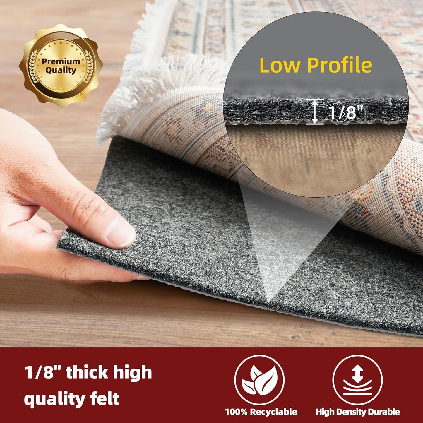 BAGAIL Felt and Natural Rubber Backing Rug Pads 1/8” Thick, 3 x 5 Ft Non Slip Rug Gripper Keep Rugs in Place, Under Area Rug Protective Cushioned Pads, Carpet Runners, Hardwood Floors Protection