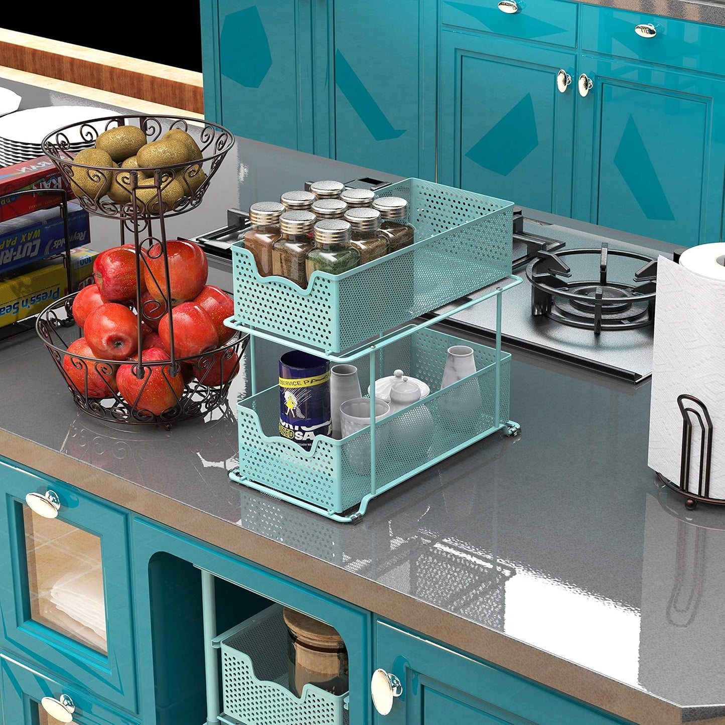 SIMPLE HOUSEWARE 2 Tier Sliding Cabinet Basket Organizer Drawer, Turquoise