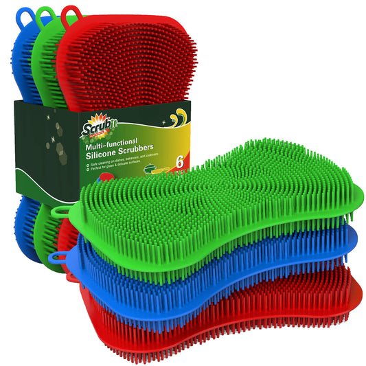 6 Pack Silicone Scrubbing Sponge by SCRUBIT, Multi-Colored Pads [Red