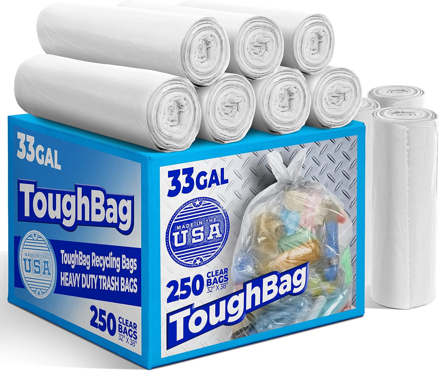 30-33 Gallon Clear Trash Bags Heavy Duty (250 COUNT) - Clear Recycling Garbage Bags 30+ Gallon, 32 Gallon - Made in USA