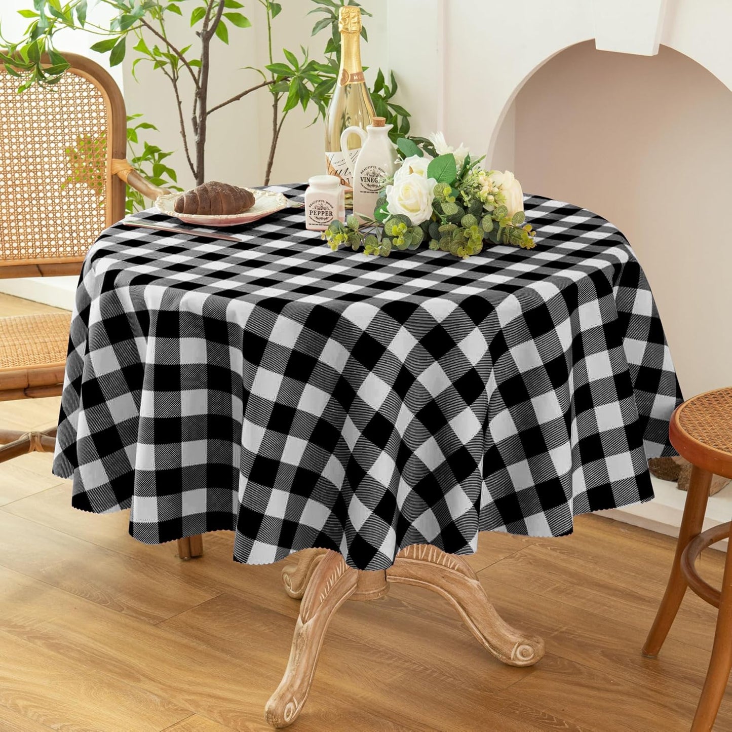 Waterproof Plaid Tablecloth Fabric - Round 58 Inch Classic Gingham Checker Table Cloth for Indoor/Outdoor Use - Buffalo Table Cover for Picnics, BBQs, and Parties