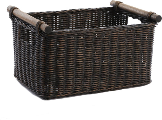 The Basket Lady Pole Handle Wicker Storage Basket, Medium, 16 in L x 12 in W x 8.25 in H, Antique Walnut Brown
