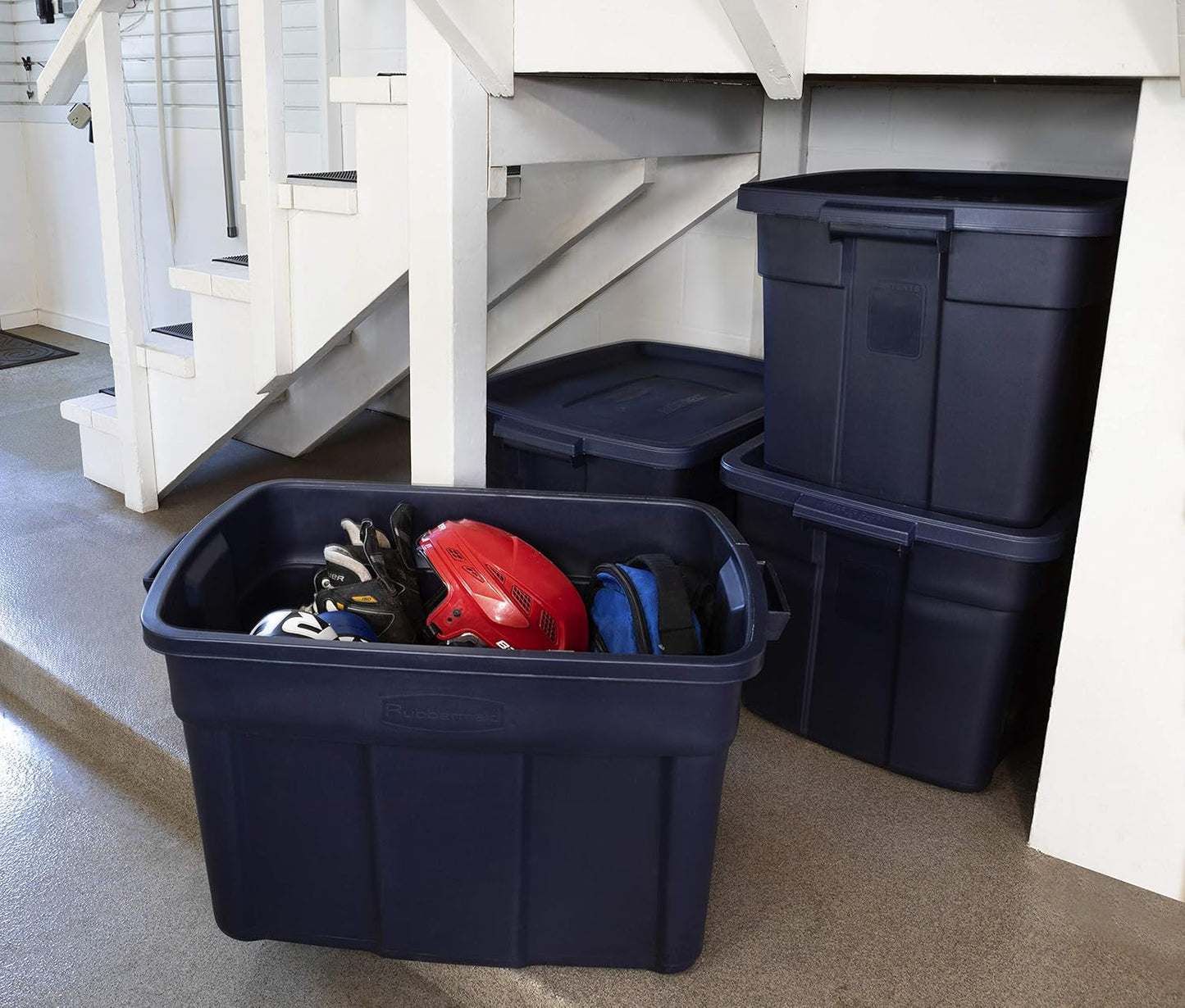 Rubbermaid Roughneck Tote 25 Gal, 4 Pack, Made in USA, Dark Indigo Metallic, Rugged Plastic Stackable Storage Bins with Lids and Handles