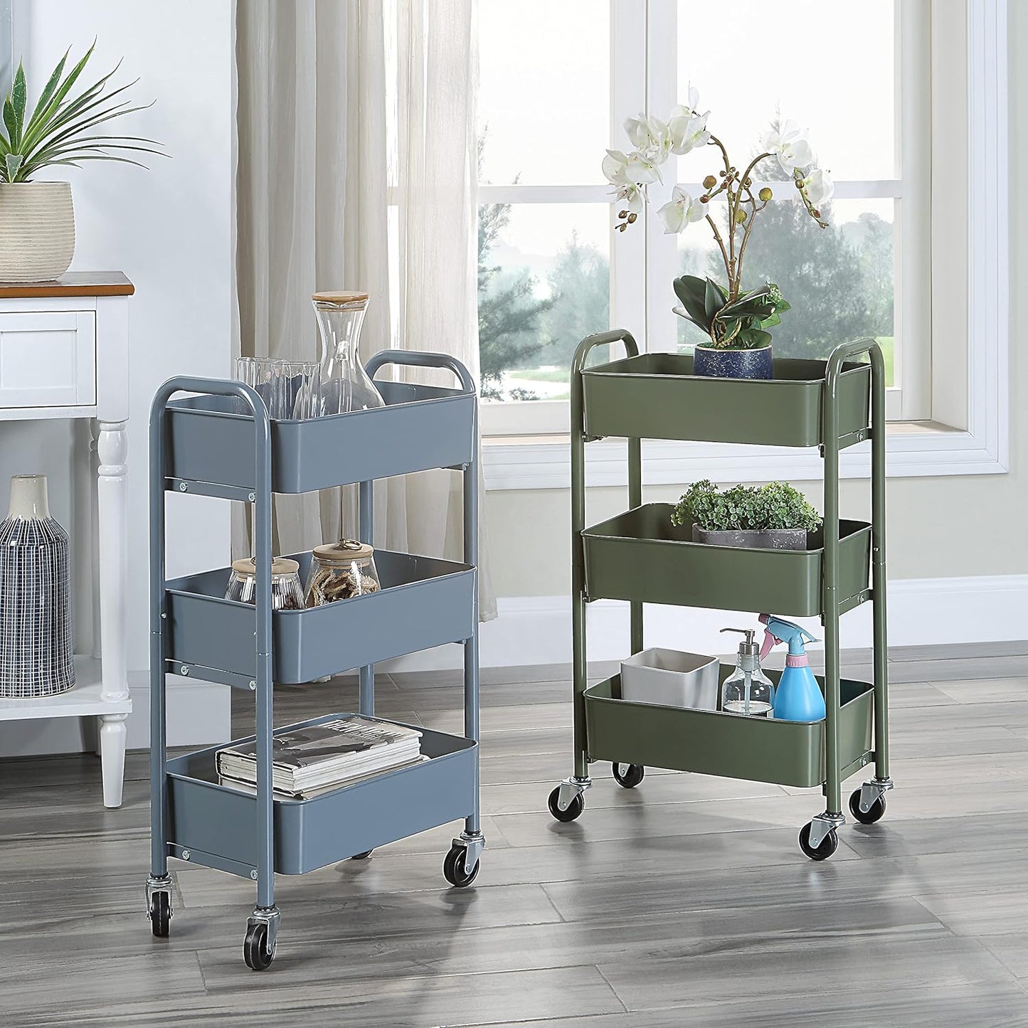 SunnyPoint 3-Tier Delicate Compact Rolling Metal Storage Organizer - Mobile Utility Cart Kitchen/Under Desk Cart with Caster Wheels - Army (15.35" X 10.24" X 26.8"H)