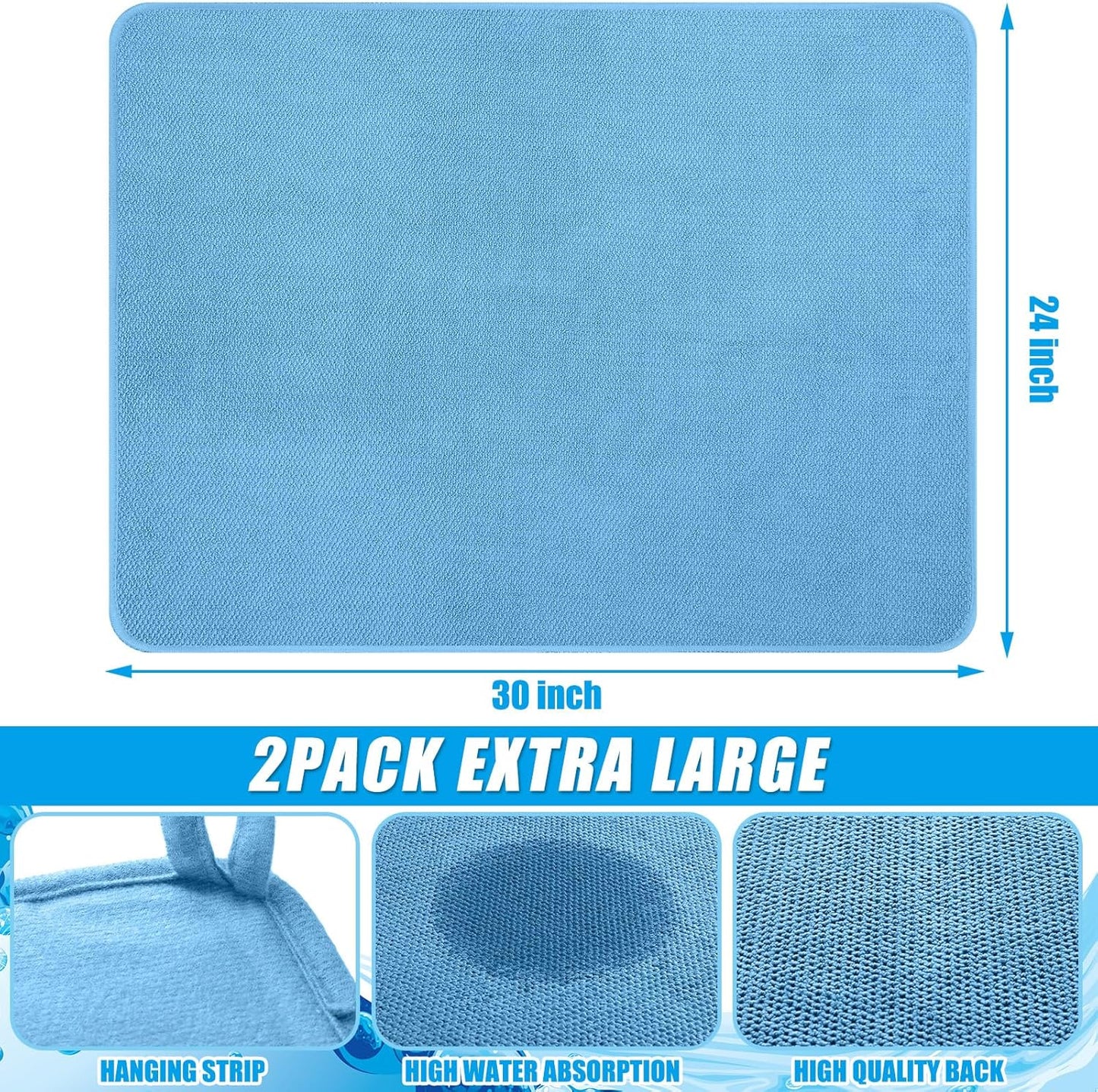 Hushee 2 Pack Extra Large Dish Drying Mat Microfiber Absorbent Dish Drying Pad Large Size Dishes Drainer Mats for Countertop, Sink, Refrigerator or Dryer (30 x 24 Inch,Blue)