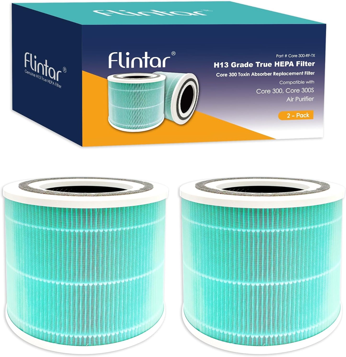 Flintar Core 300 Toxin Absorber Replacement Filters, Made in TAIWAN, Compatible with LEVOIT Core 300, Core 300S VortexAir Air Purifier, H13 Grade True HEPA Filter, Core 300-RF-TX, 2-Pack