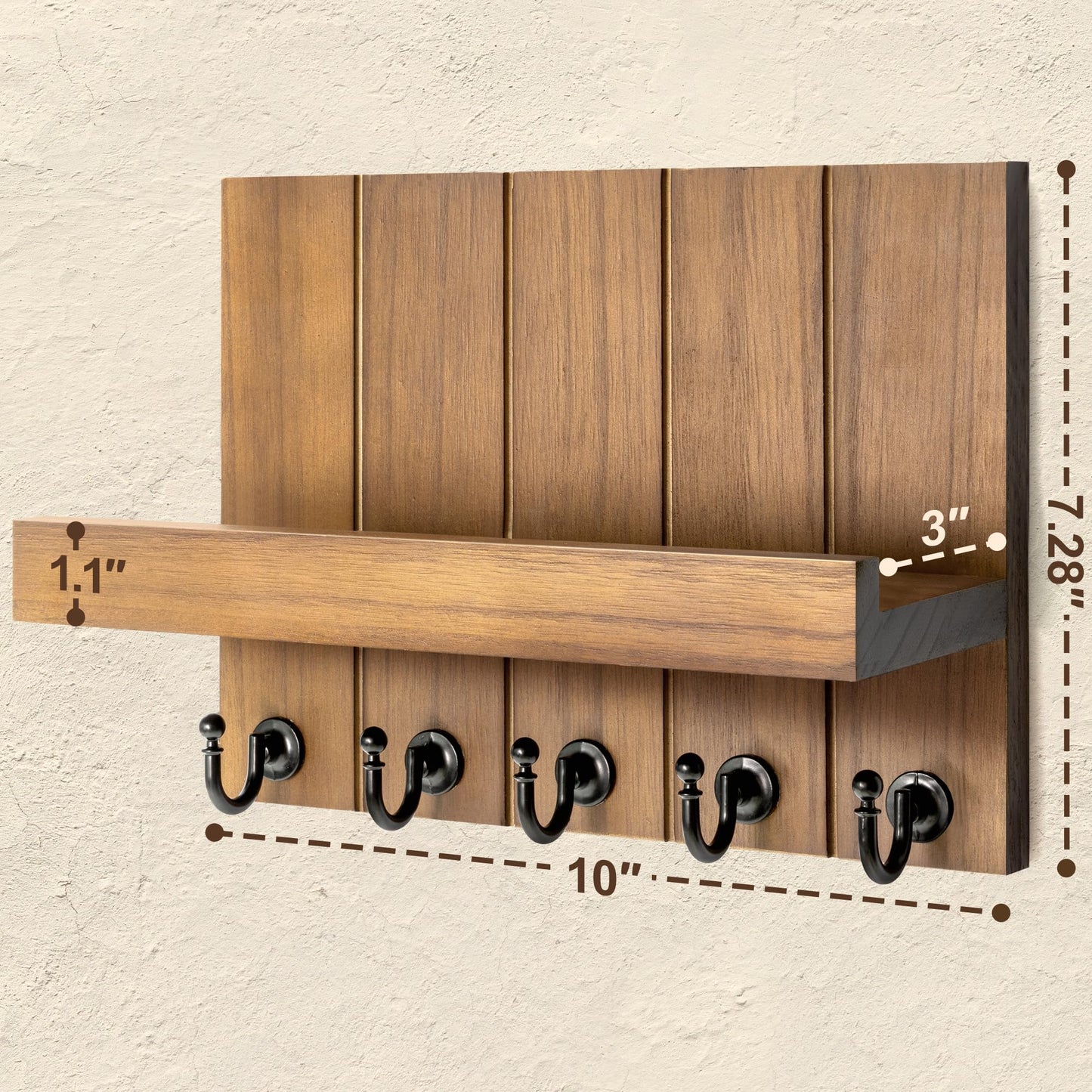 Rebee Vision Key Holder Wall Mount with 5 Key Hooks for Home Decor, Brown