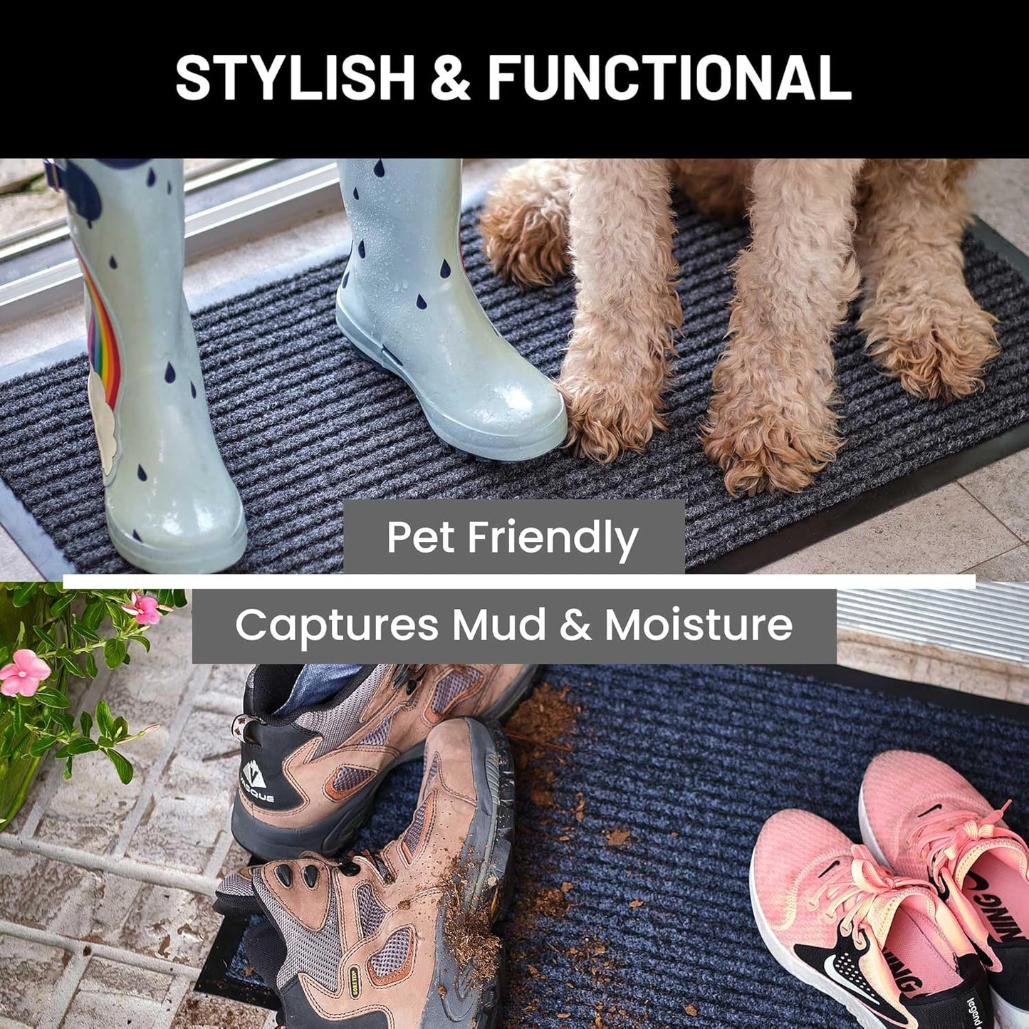 Sierra Concepts Front Door Mat Welcome Floor Mats - Entryway Indoor Outdoor Entrance Doormat, Patio, Porch, Muddy Shoe, Inside Outside Low Profile, Large 36x24 inches, 2-Pack Gray